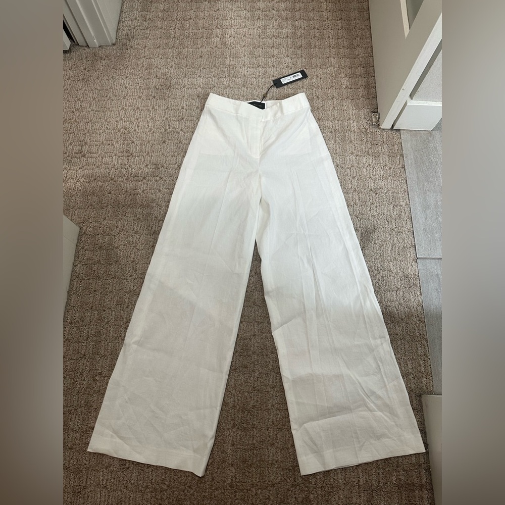 wide leg silhouette, high-waisted Maureen pants w/ linen stretch blend